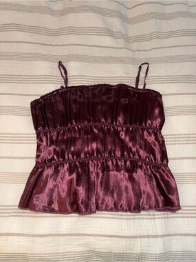 Satin Peplum Cami Tank Top in Burgundy
